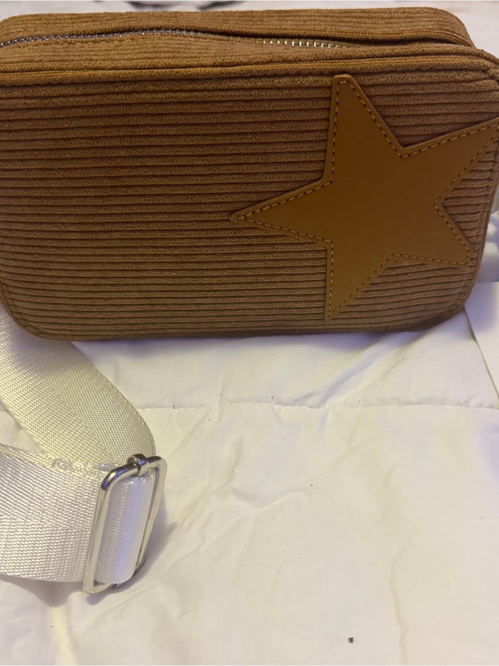 Vintage Havana Tan Corduroy Crossbody with Star Patch with two crossbody straps